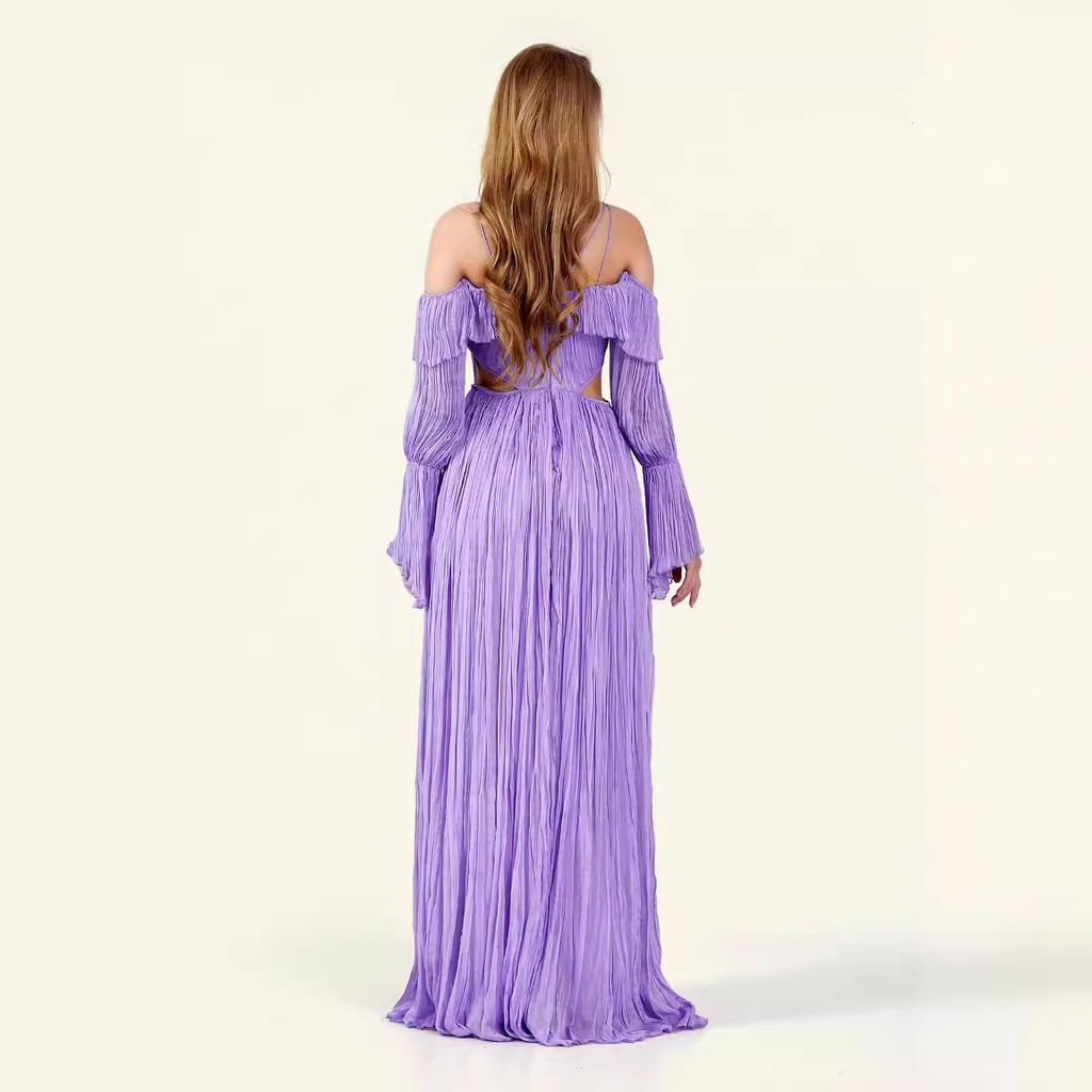 Lavender Cold-Shoulder Cutout Pleated Maxi Dress