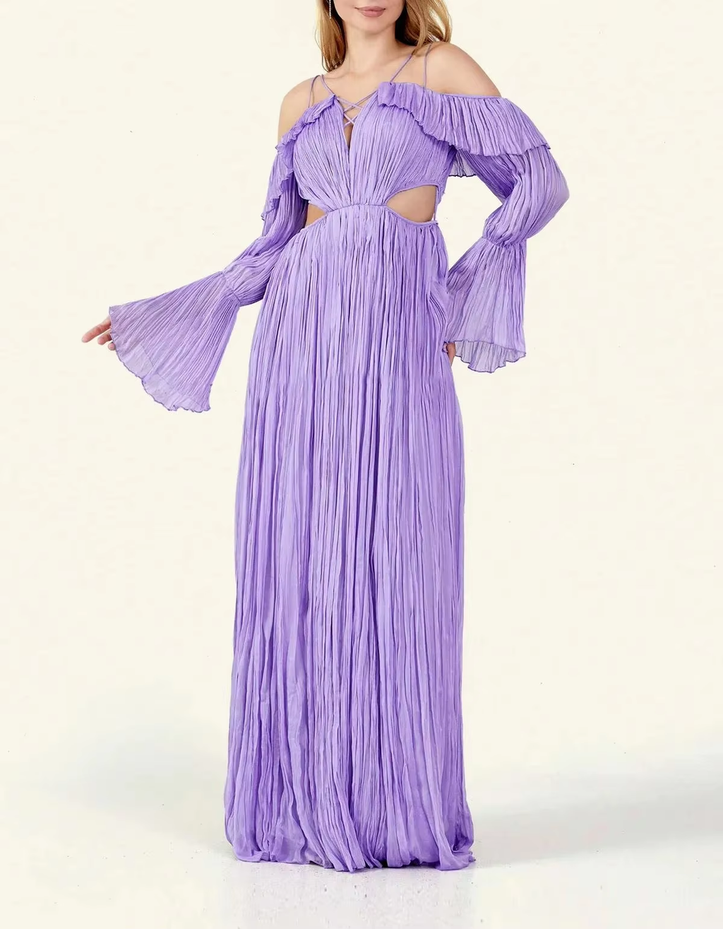 Lavender Cold-Shoulder Cutout Pleated Maxi Dress