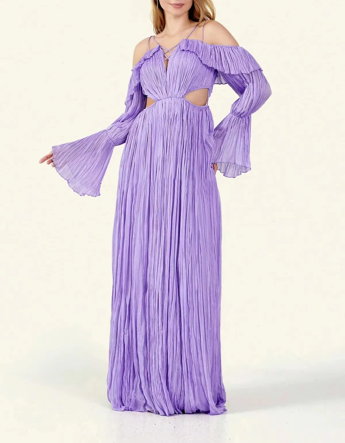 Lavender Cold-Shoulder Cutout Pleated Maxi Dress