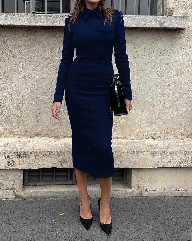 Collared Long Sleeve Pencil Midi Dress