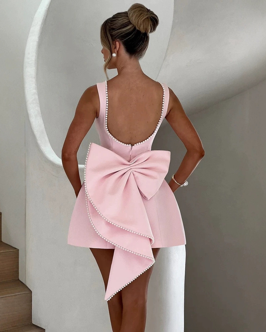 Pink Pearl-Trim Open-Back Bow Mini Dress