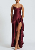 Satin-Finish Ruffle High-Slit Maxi Dress