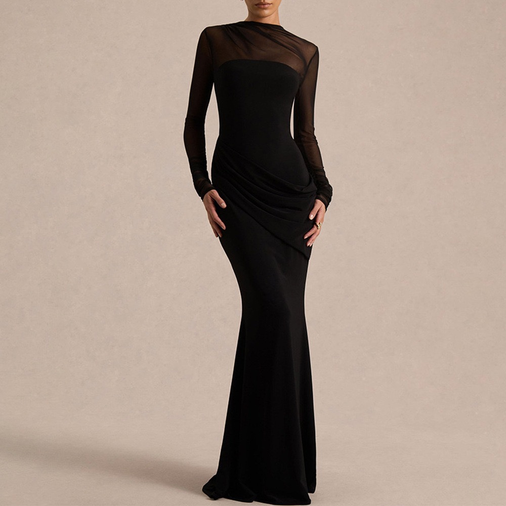 Sheer Long-Sleeve Ruched Mermaid Maxi Dress