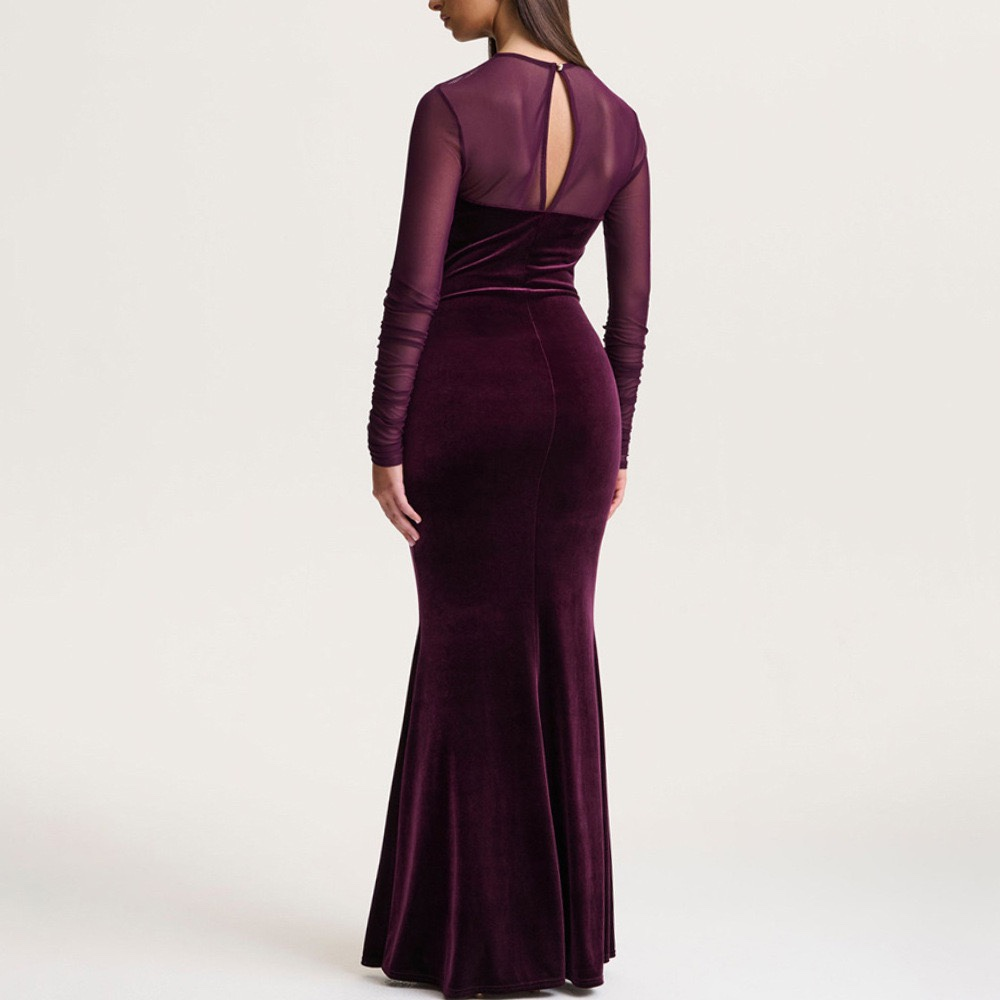 Sheer Long-Sleeve Ruched Mermaid Maxi Dress