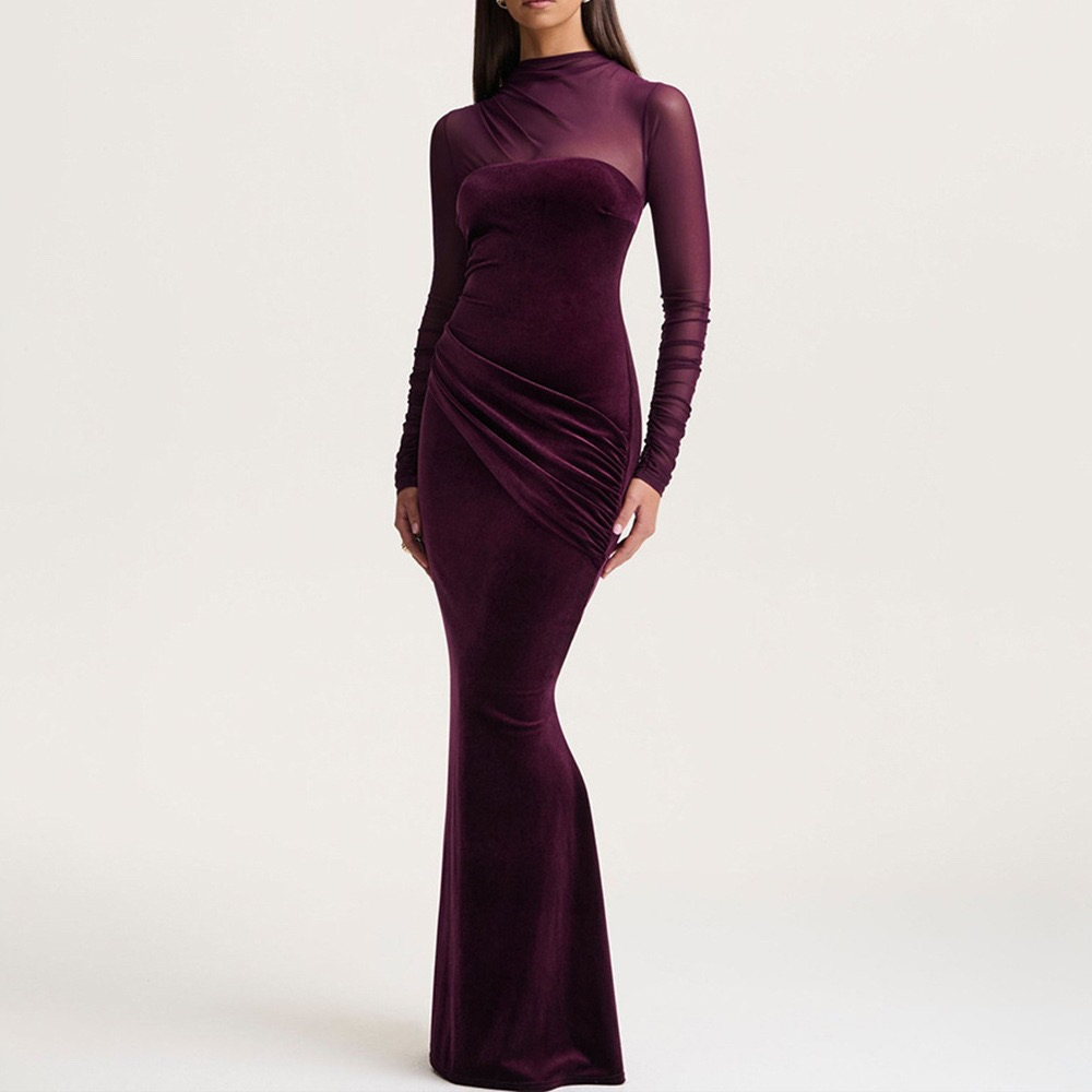 Sheer Long-Sleeve Ruched Mermaid Maxi Dress