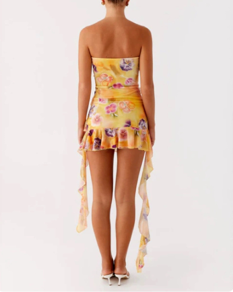 Yellow Floral Strapless Ruffle Mini Dress