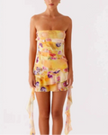 Yellow Floral Strapless Ruffle Mini Dress