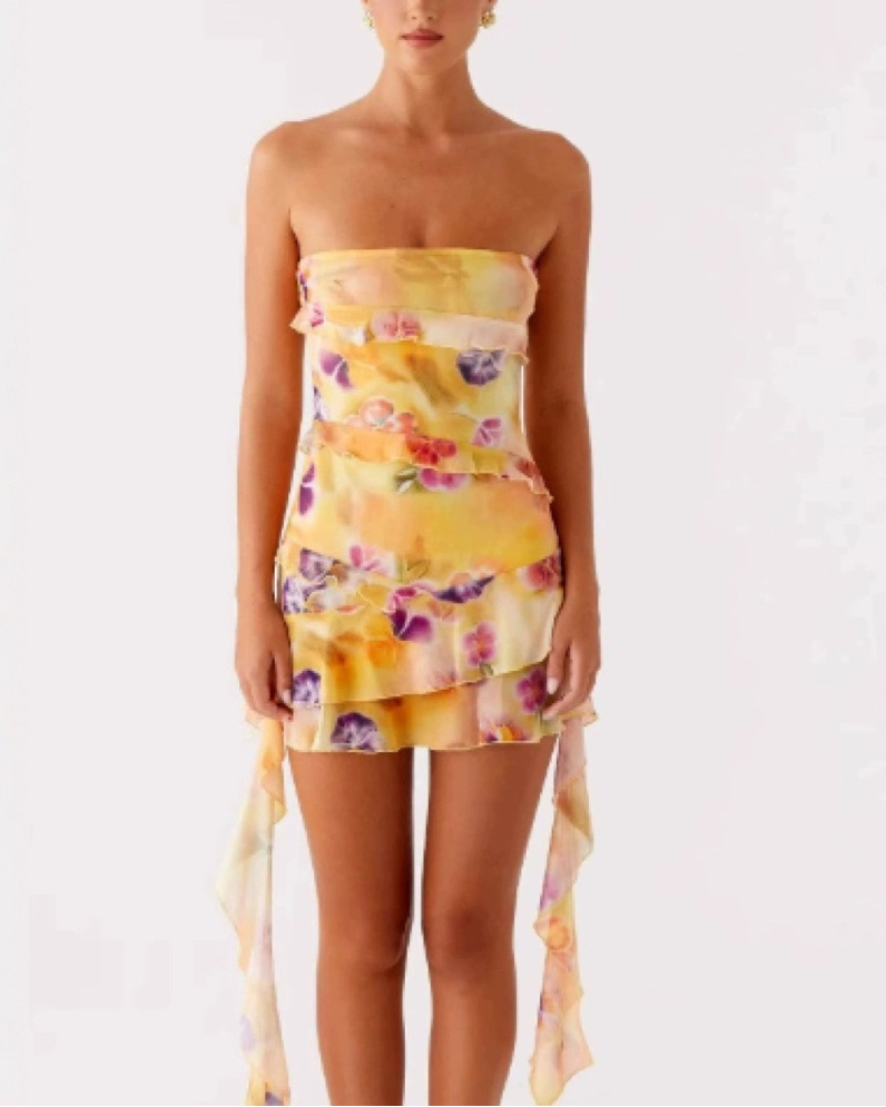 Yellow Floral Strapless Ruffle Mini Dress