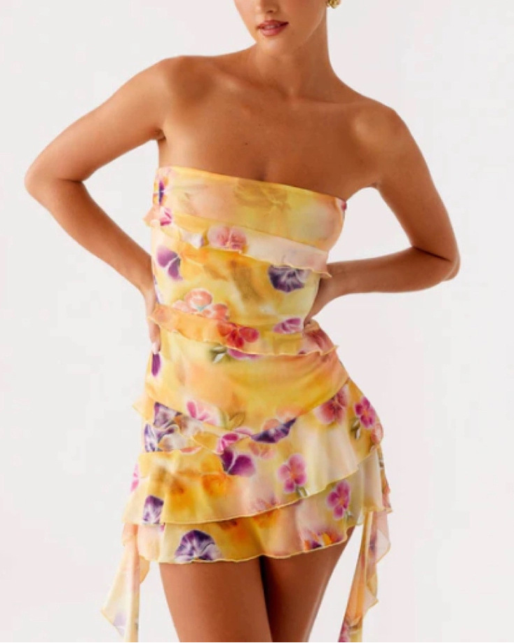 Yellow Floral Strapless Ruffle Mini Dress