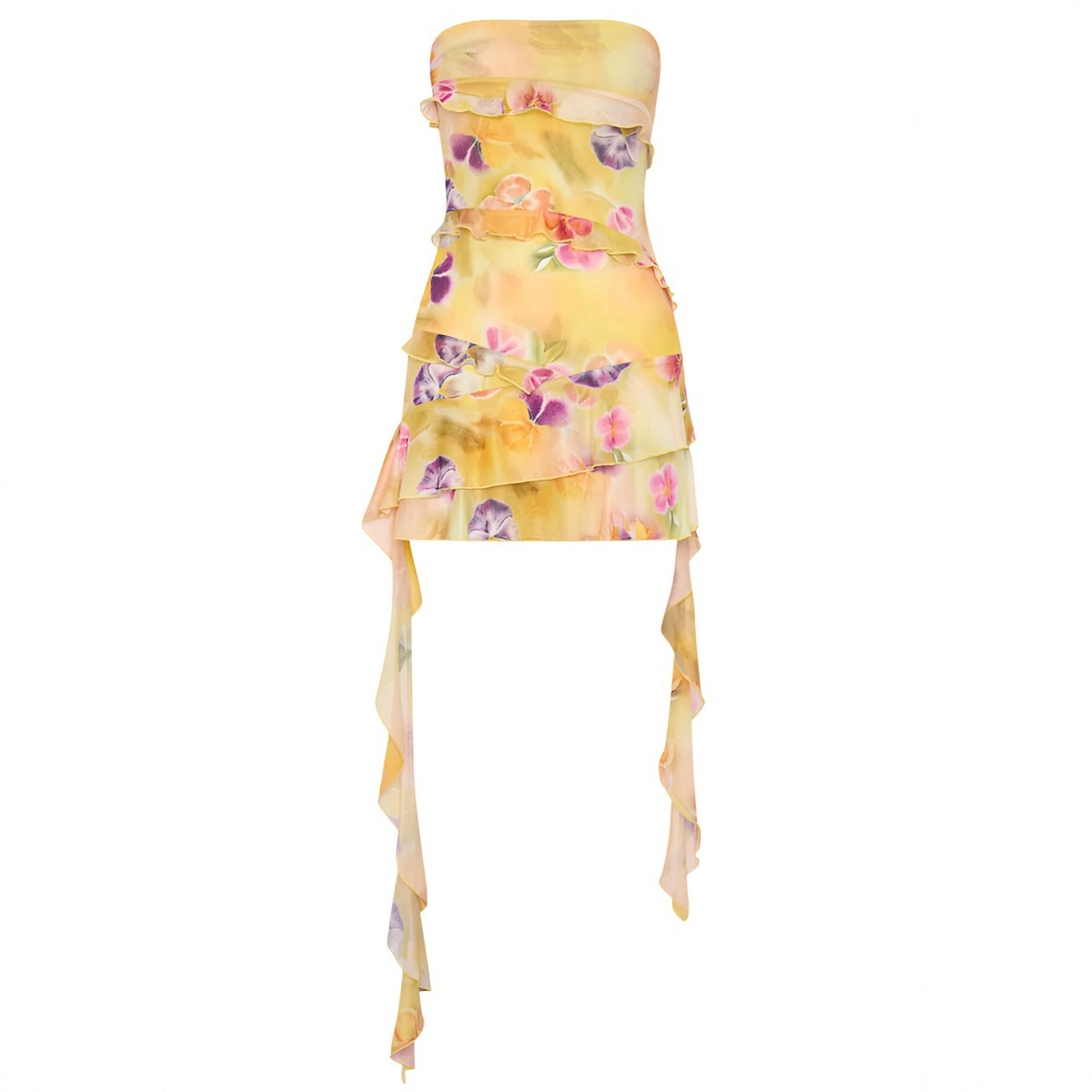 Yellow Floral Strapless Ruffle Mini Dress