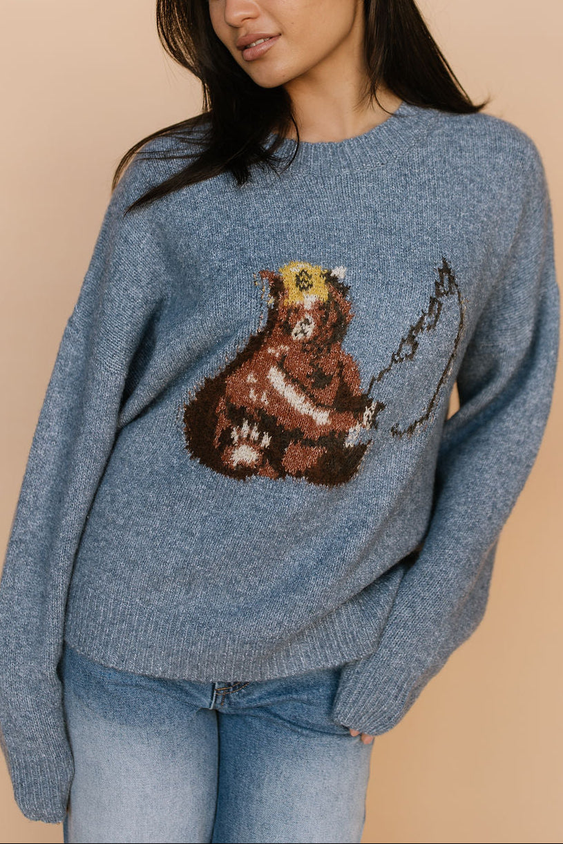 Gone Fishing Knit Sweater in Dusty Blue