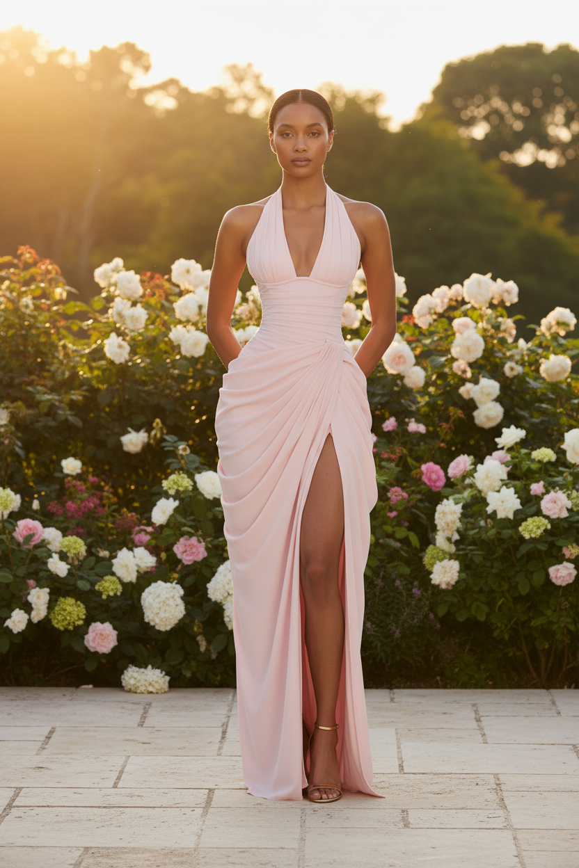 Pink Halter Draped Gown – Terrace