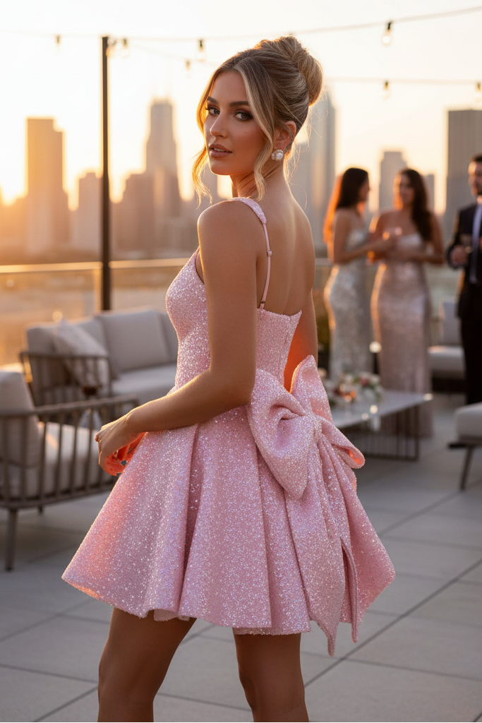 Pink Sequin Dress Back – Rooftop Sunset