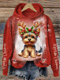 Retro Christmas Puppy Long Sleeve Printed Hoodie