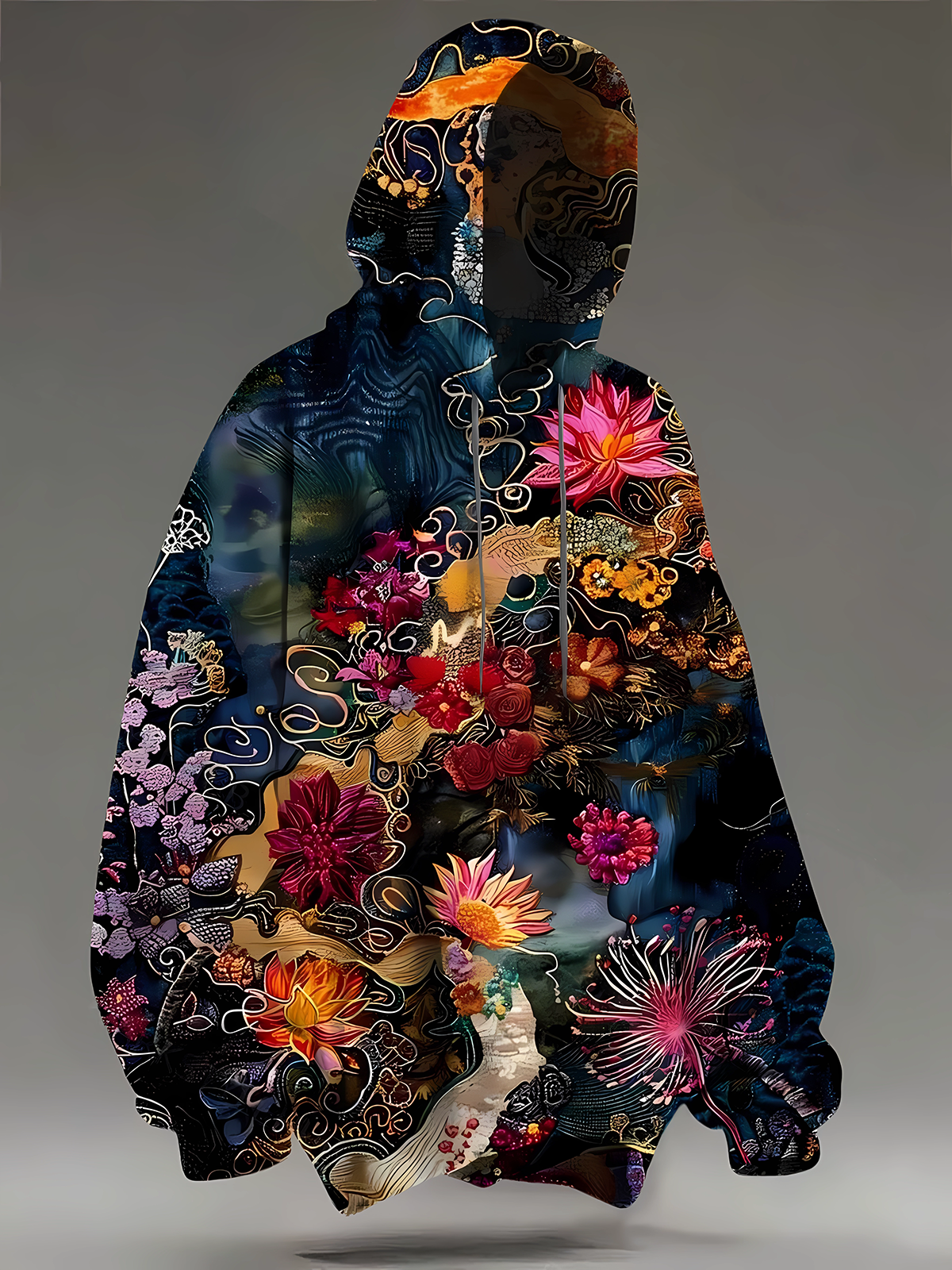 Unisex Vintage Floral Ethnic Art Long Sleeve Hooded Pocket Sweatshirt