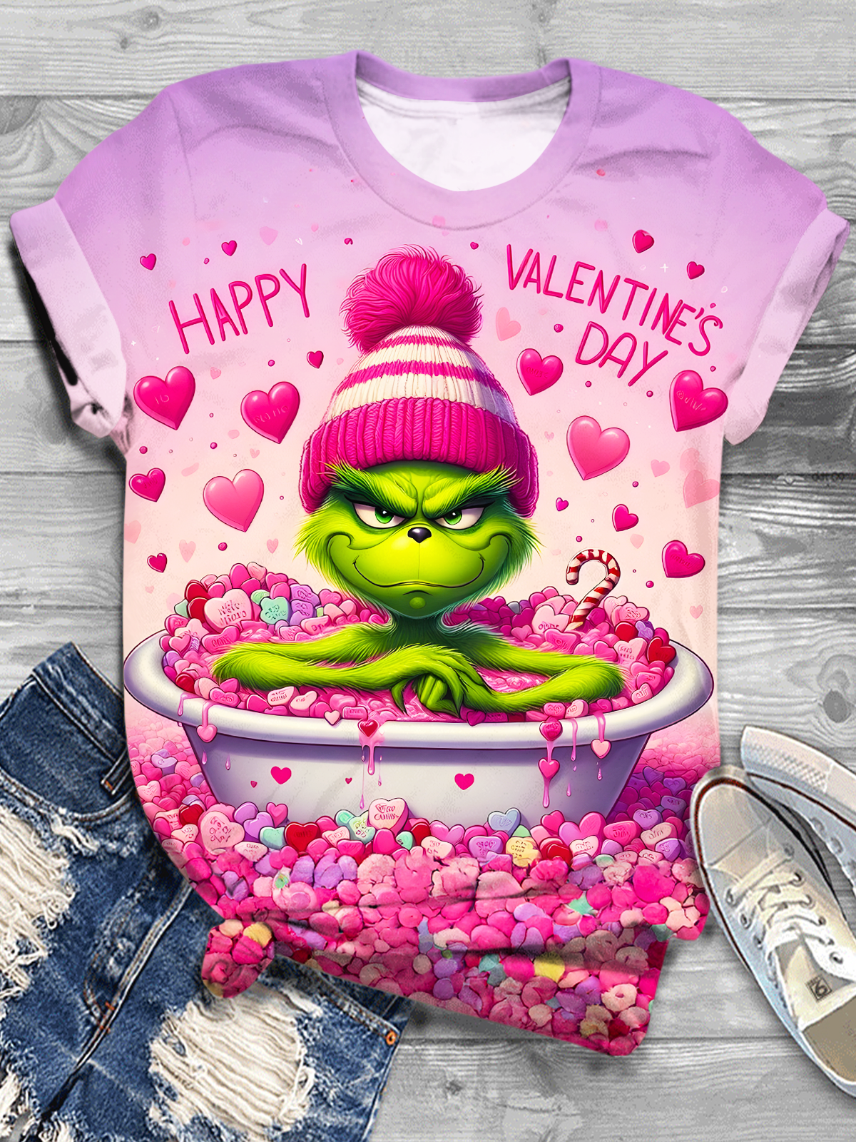 Happy Valentine's Day with Fun Cartoon Grinch Crew Neck T-shirt