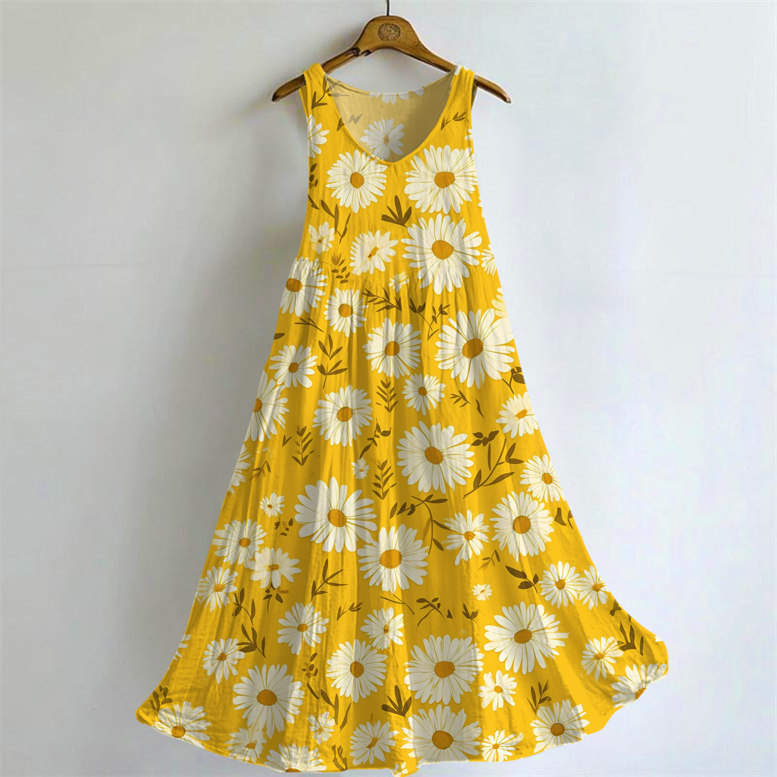 Retro Daisy Art V-neck Bamboo Linen Sleeveless Dress