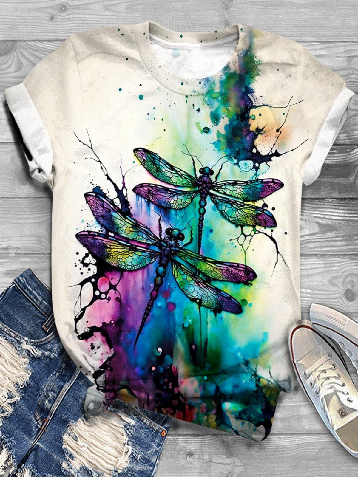 Watercolor Dragonfly Crew Neck T-shirt