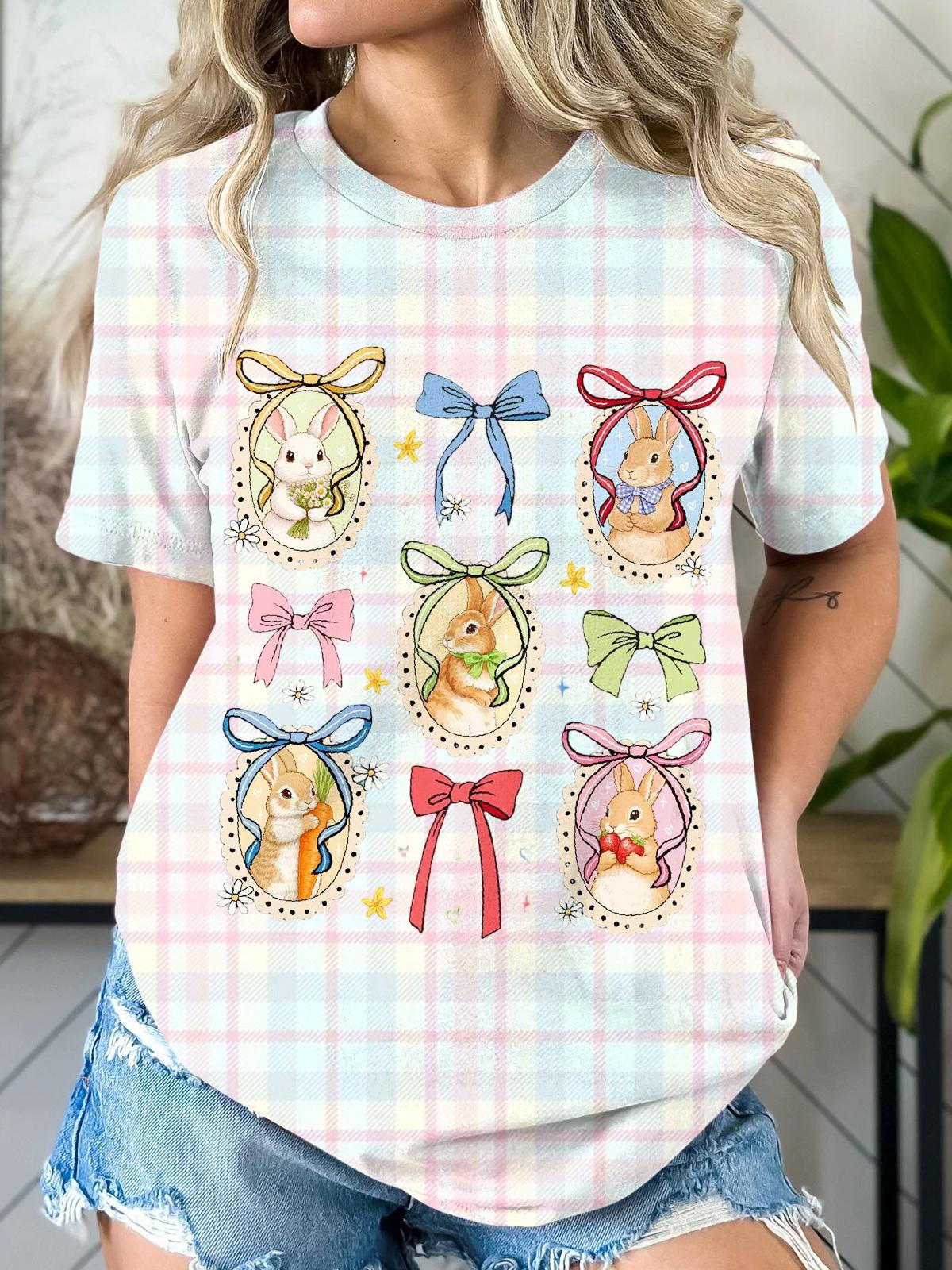 Cute Nine Palace Grid Rabbit Crew Neck T-shirt
