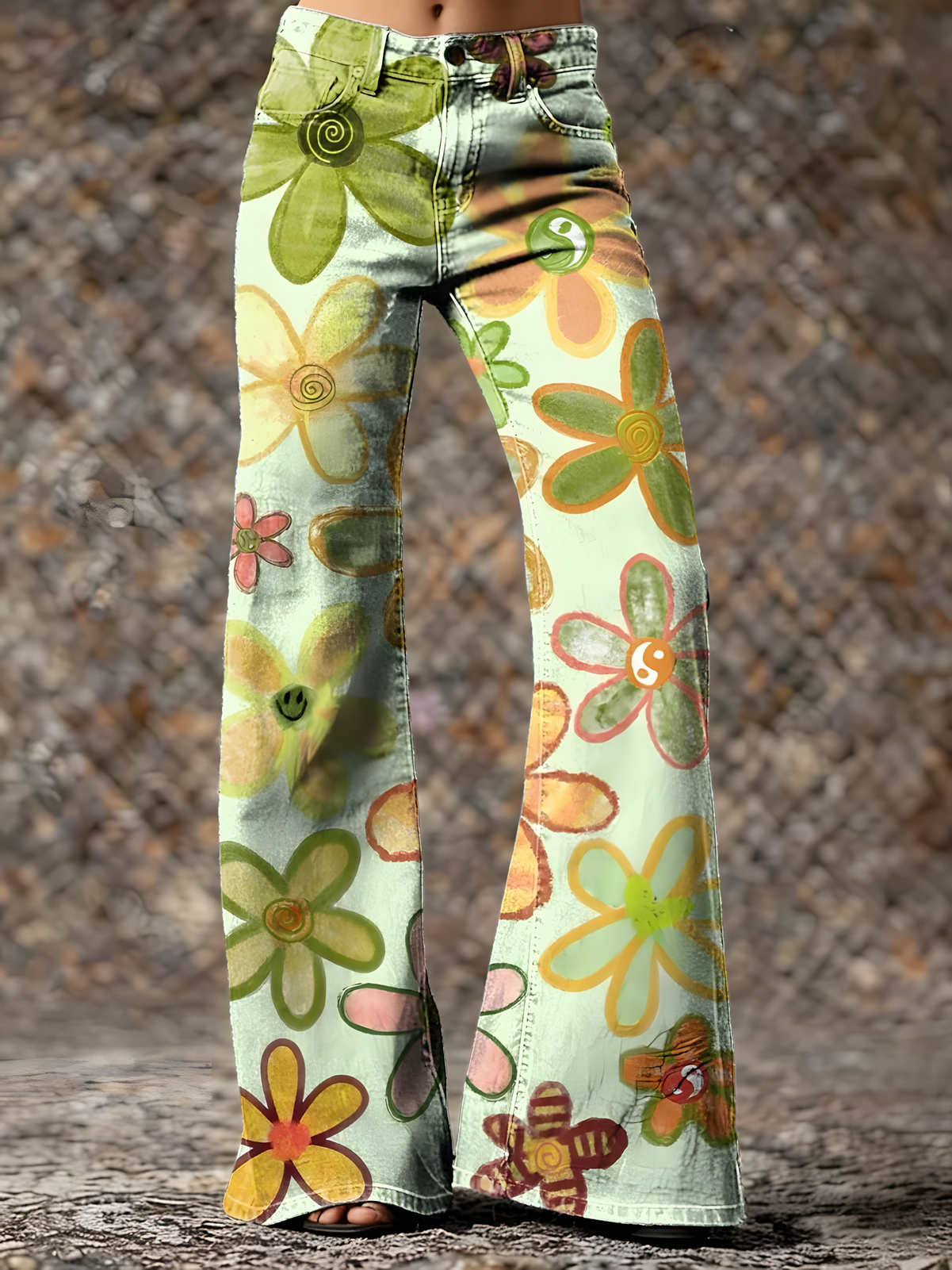 Women's Flower Power Peace And Love Cotton Flared Jeans Pants