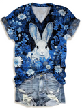 Retro Blue and White Porcelain Rabbit V-neck T-Shirt