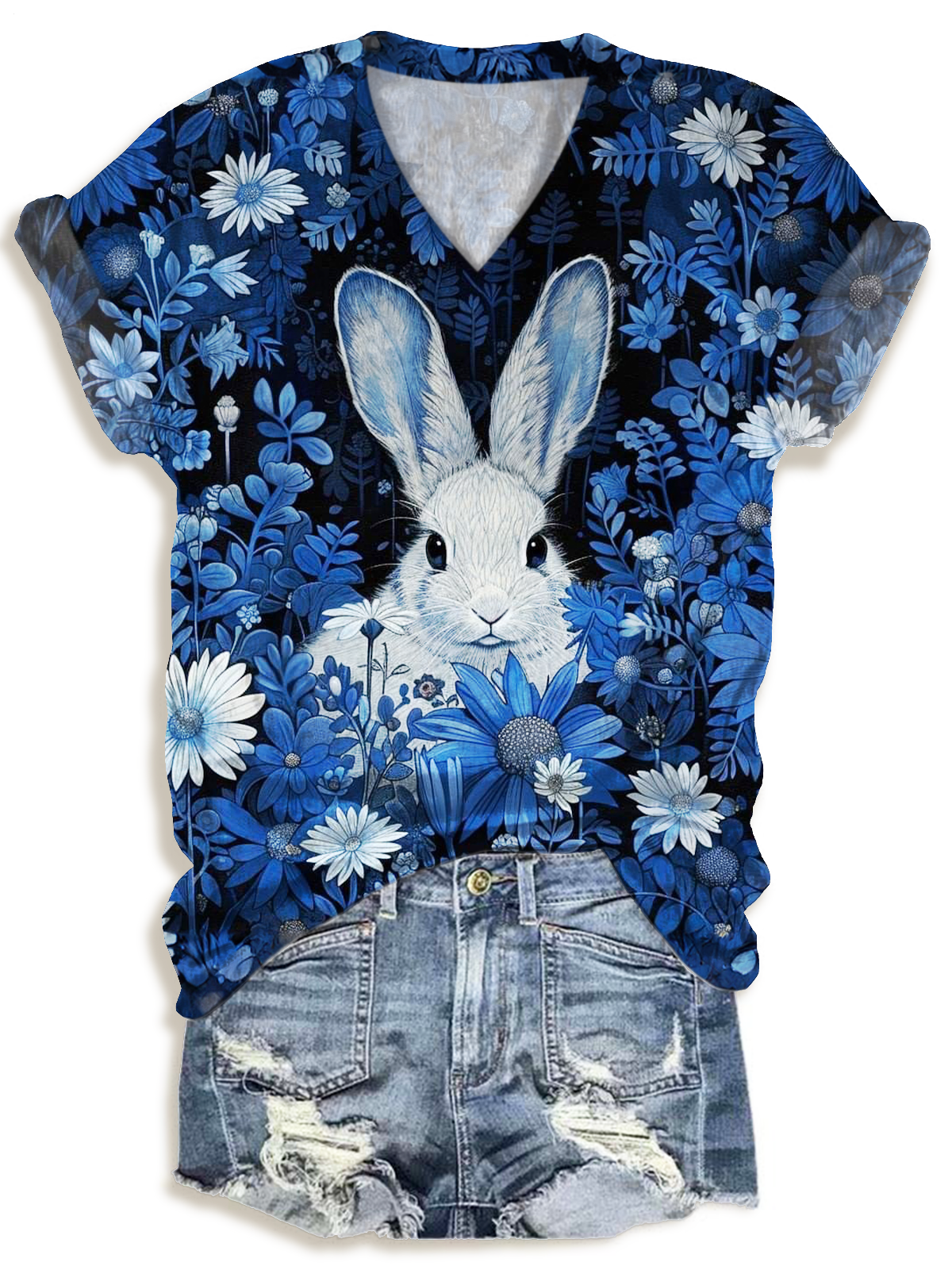 Retro Blue and White Porcelain Rabbit V-neck T-Shirt