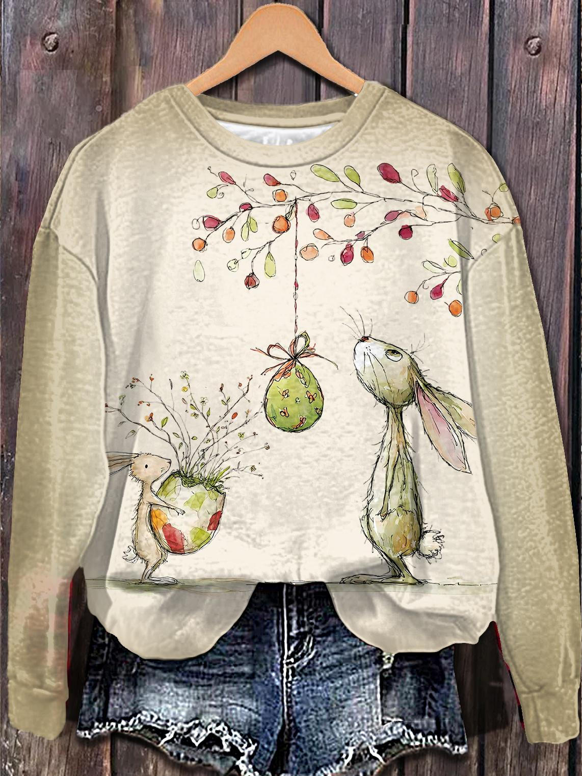 Fun Easter Illustration Printed Long Sleeve Casual Top
