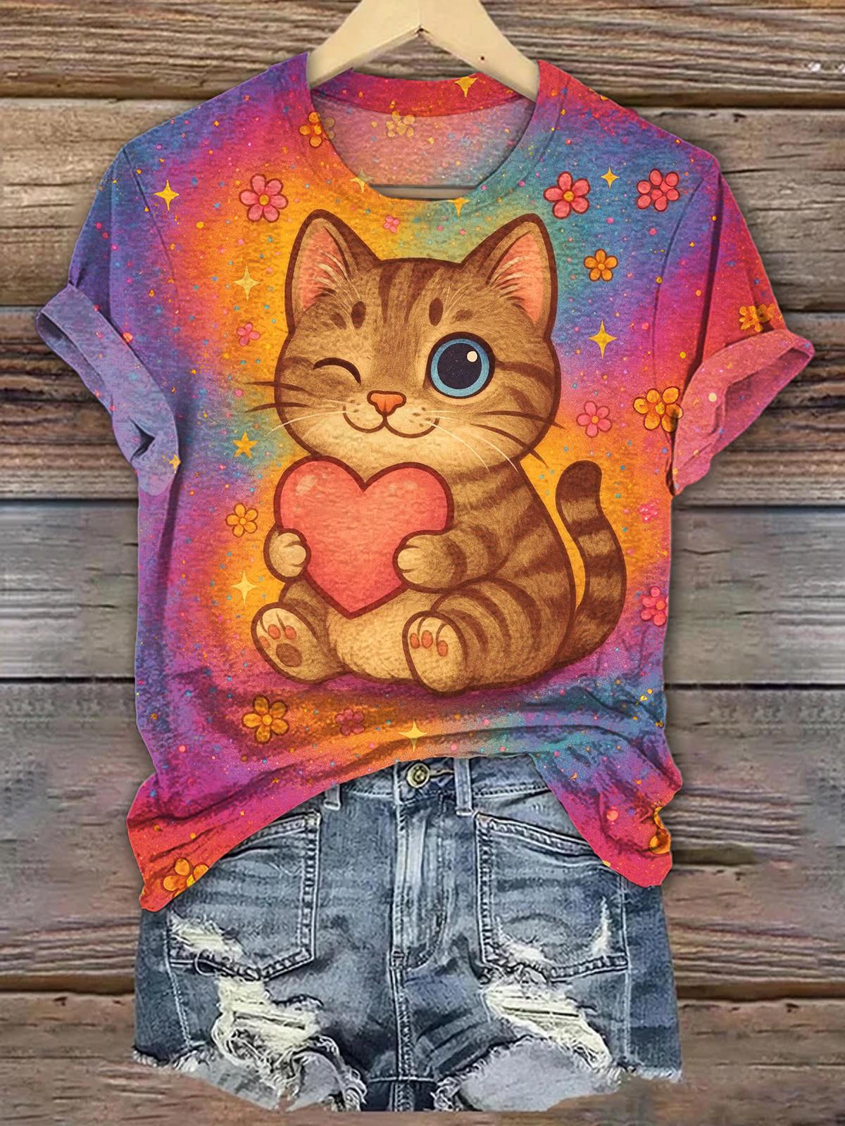 Cute Cat Print Crew Neck T-shirt