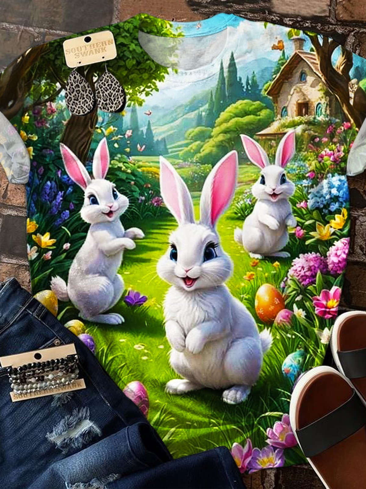 Retro Forest Easter Bunnies Crew Neck T-shirt