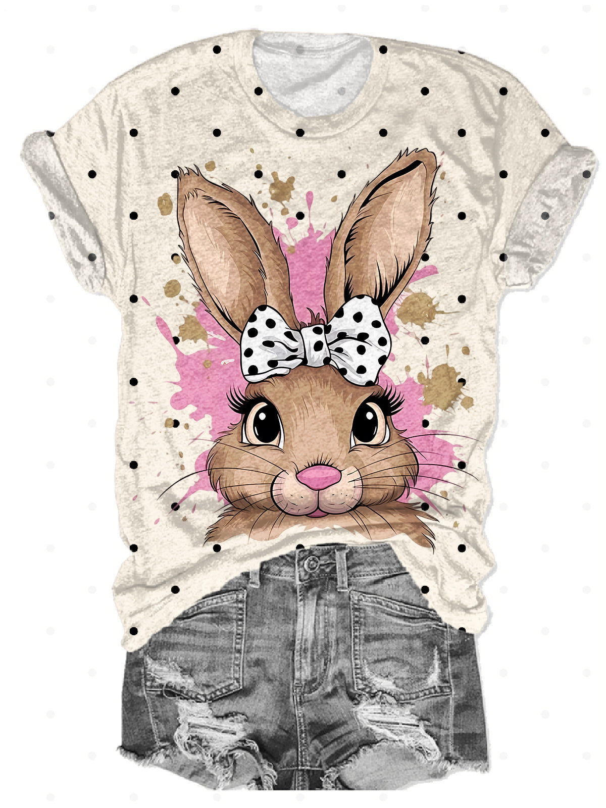 Easter Cute Polka Dot Rabbit Crew Neck T-shirt