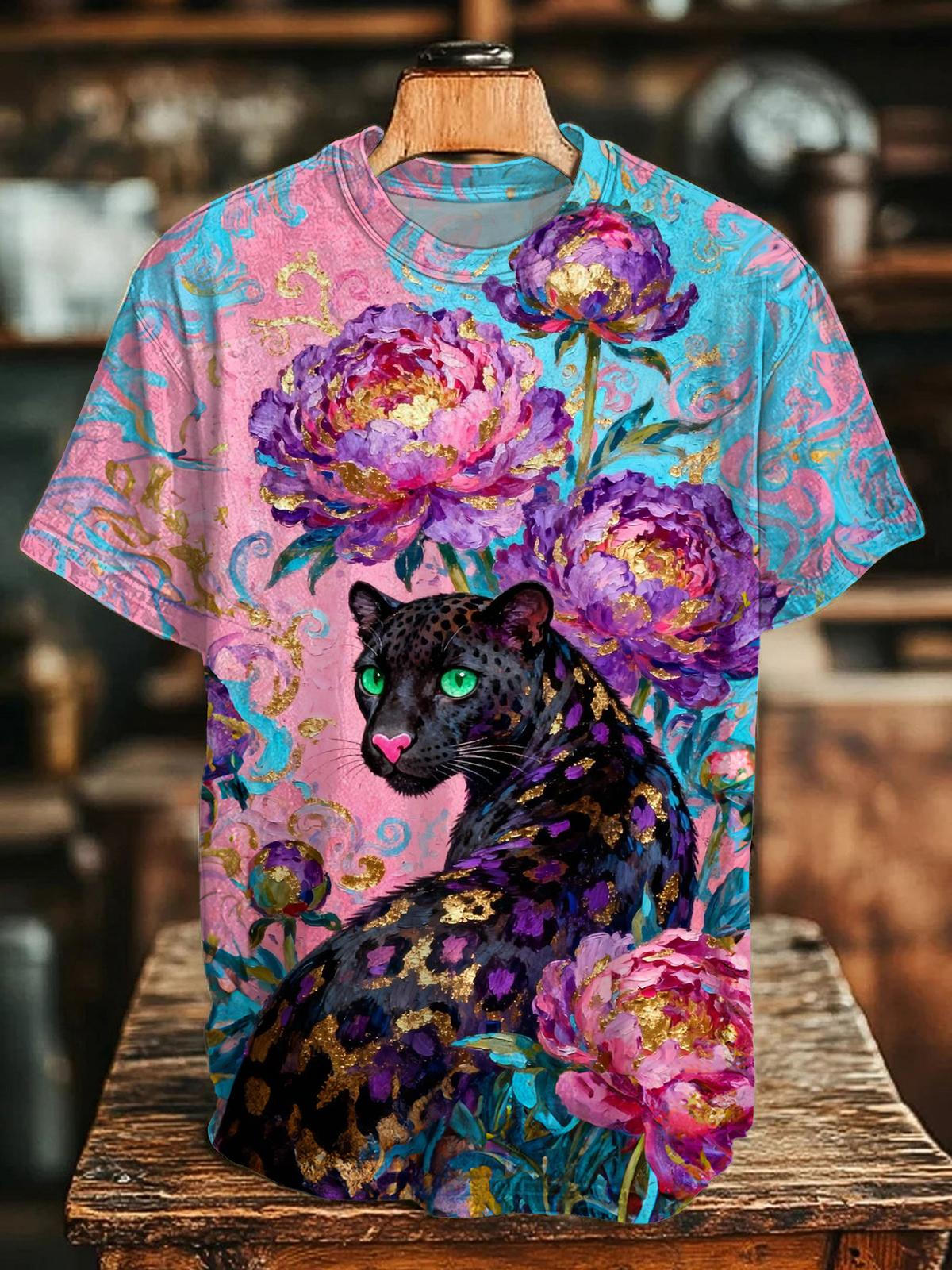 Flower leopard Crew Neck T-shirt