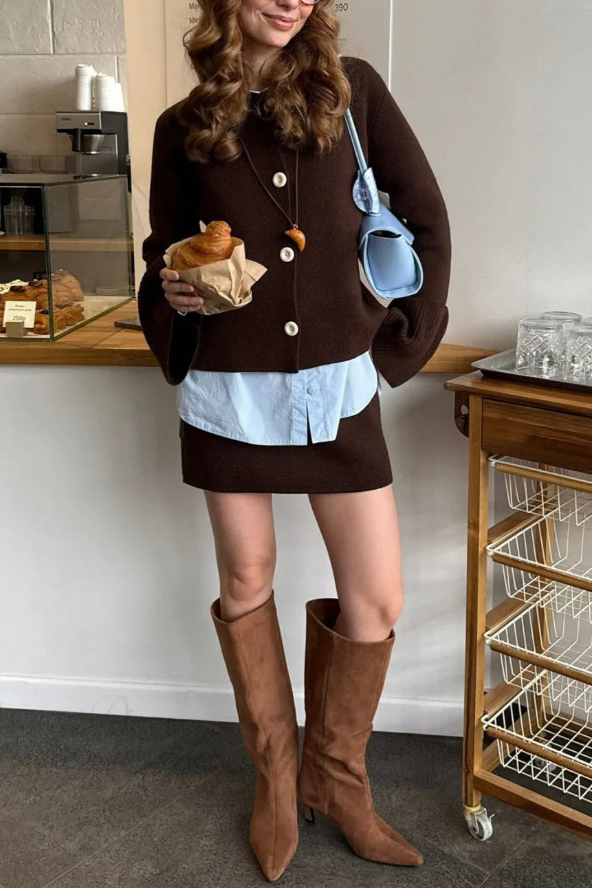 Slim Fit Bell Sleeve Knit Crew Neck Cardigan