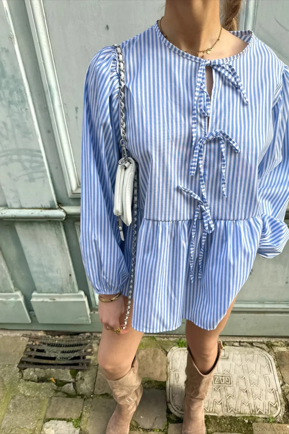 Striped Loose Fit Lace-Up Round Neck Blouse