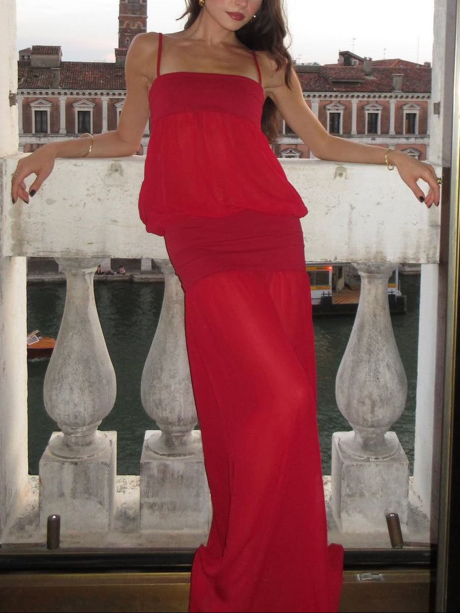 Red Strapless Ruffle Maxi Dress
