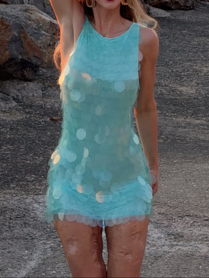 Light Blue Large Sequin Backless Vacation Mini Dress
