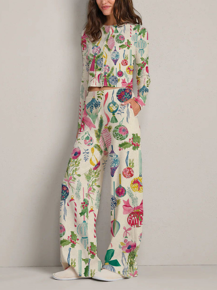Colordate Women's Christmas Ornaments Print Long Sleeve Suit